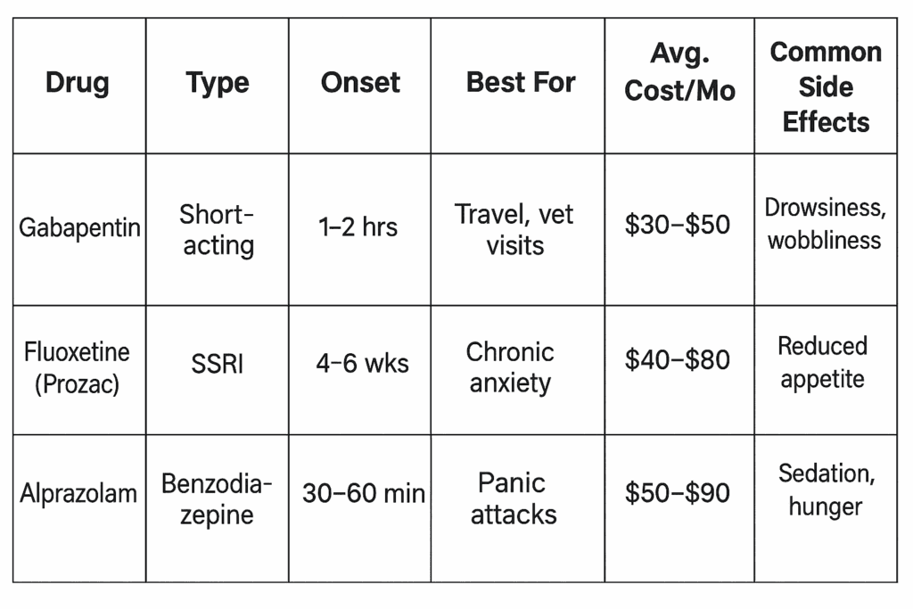 2025 cat anxiety medication comparison: Gabapentin vs. Fluoxetine vs. Alprazolam costs, side effects, and uses